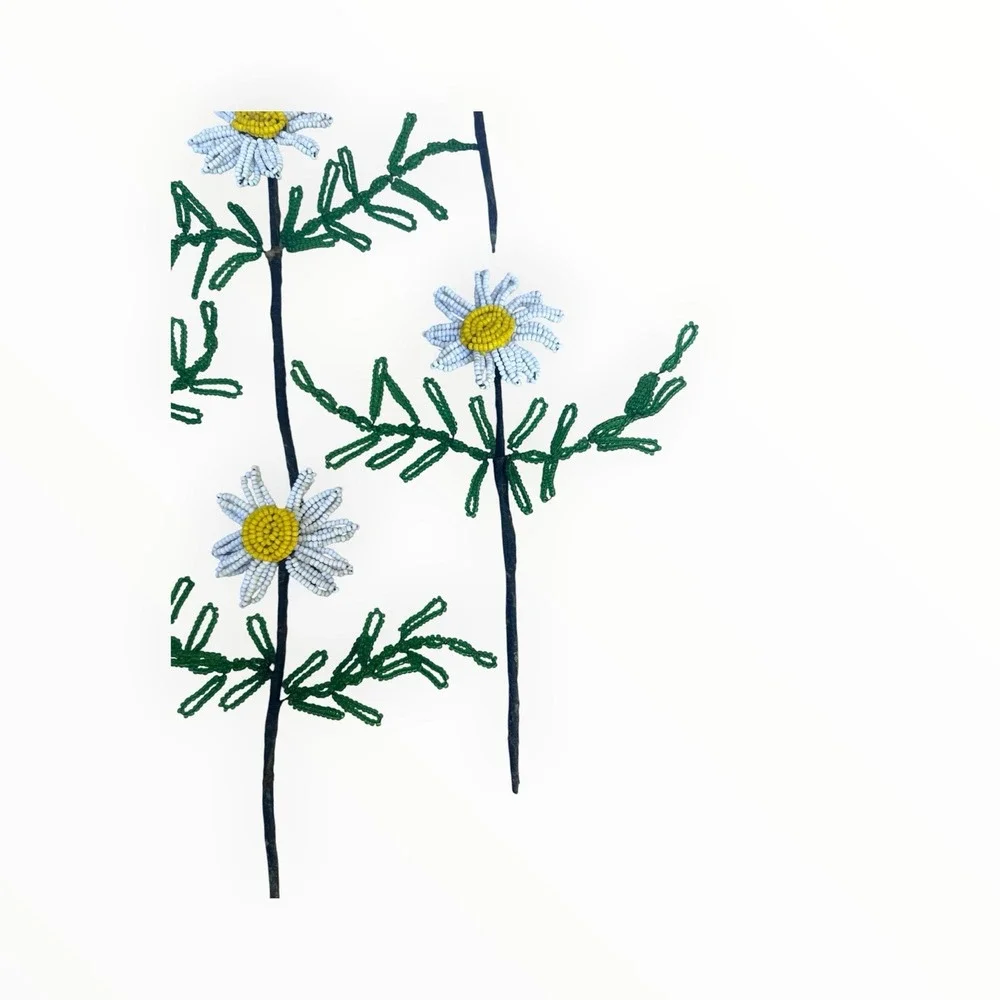 Vintage French Beaded Daisy Flowers 11 Stems Seed Bead Handmade Floral Decor